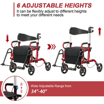 2-in-1 Folding Rollator Walker Transport Wheelchair with Detachable Storage Bag and Height Adjustable Handle