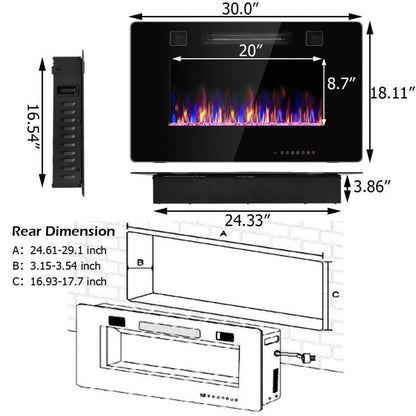 30" Recessed Ultra Thin Electric Fireplace Noiseless Electric Heater with Remote Control and Touch Screen