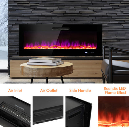 50/60 Inch Wall Mounted Recessed Electric Fireplace Heater with Remote Control and Touch Screen