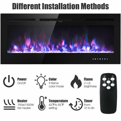 50 Inch Electric Fireplace 750/1500W Wall Mounted and Recessed Fireplace Heater with Remote Control