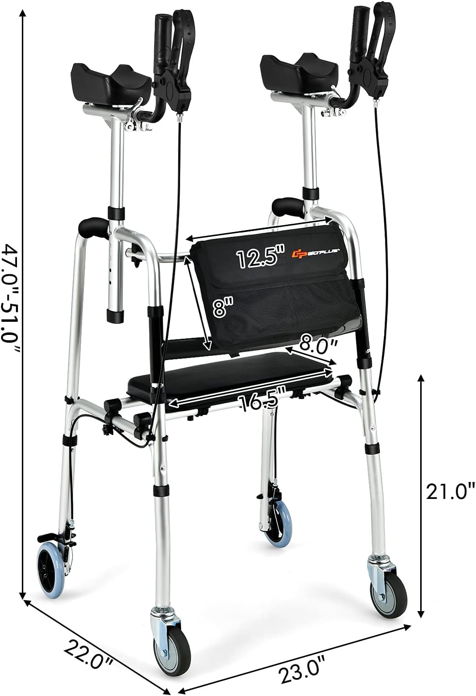 Folding Upright Walker Heavy Duty Stand Up Rollator Walker with Storage Bag and Flip-Up Brakes