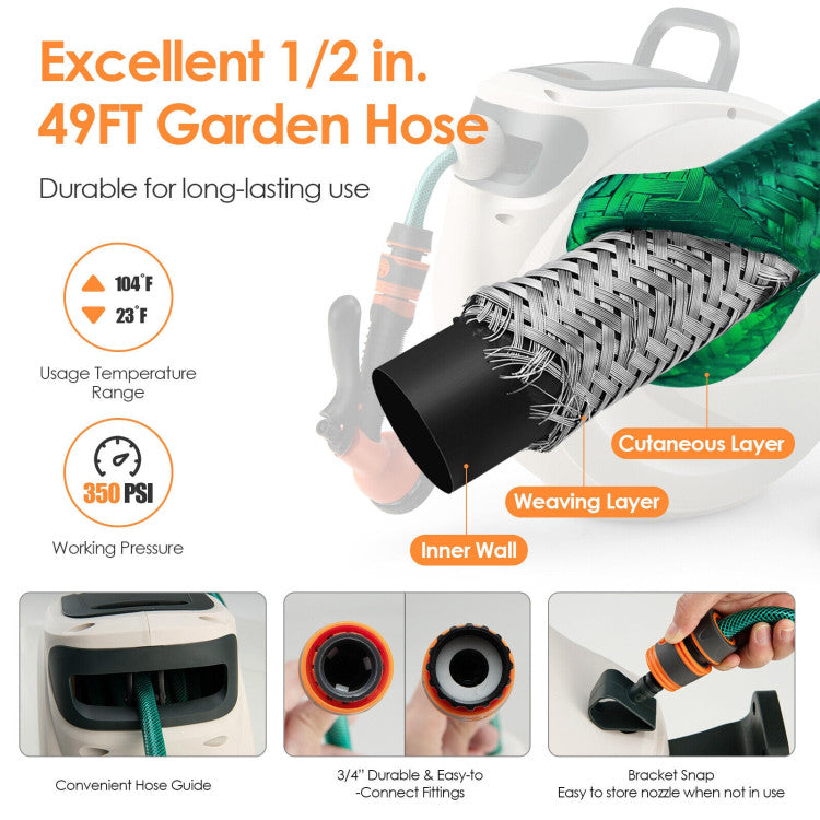 Garden Retractable Hose Reel Wall Mounted 1/2 Inch 98 Feet Any Length with Self-Lock Design and Hose Nozzle