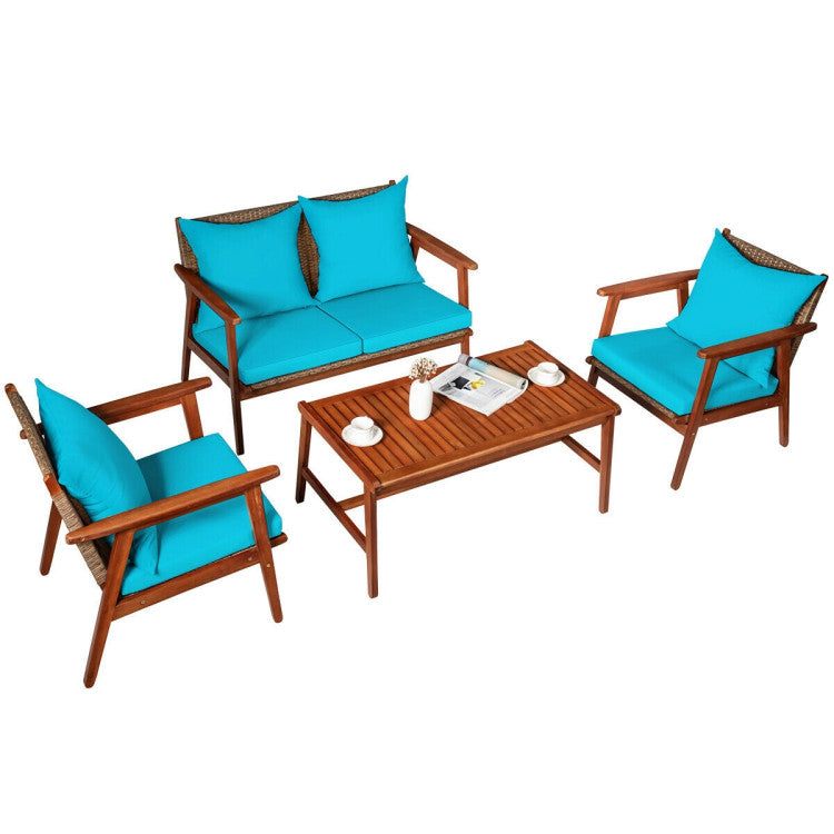 Outdoor 4 Pieces Acacia Wood Sofa Furniture Set Patio Rattan Conversation Loveseat with Thick Cushions