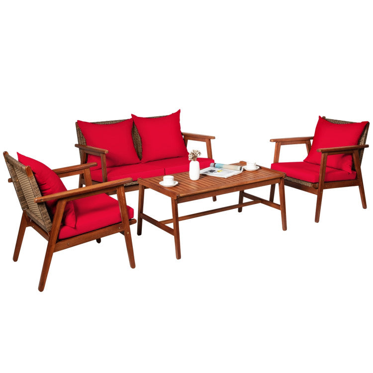 Outdoor 4 Pieces Acacia Wood Sofa Furniture Set Patio Rattan Conversation Loveseat with Thick Cushions
