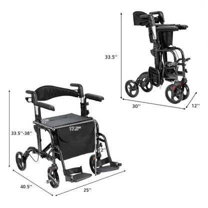 2 in 1 Folding Rollator Walker 4 Wheel Medical Wheelchair with Height-Adjustable Handle
