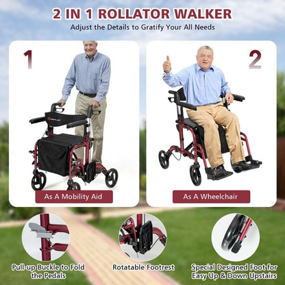 2 in 1 Folding Rollator Walker 4 Wheel Medical Wheelchair with Height-Adjustable Handle