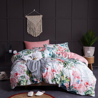 Egyptian Cotton Printed Birds Leaves Soft Duvet Cover, Fitted Bedsheet set King/Queen Size Bedding Set - Westfield Retailers
