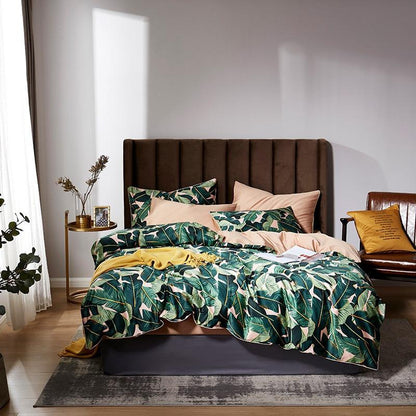 Egyptian Cotton Printed Birds Leaves Soft Duvet Cover, Fitted Bedsheet set King/Queen Size Bedding Set - Westfield Retailers