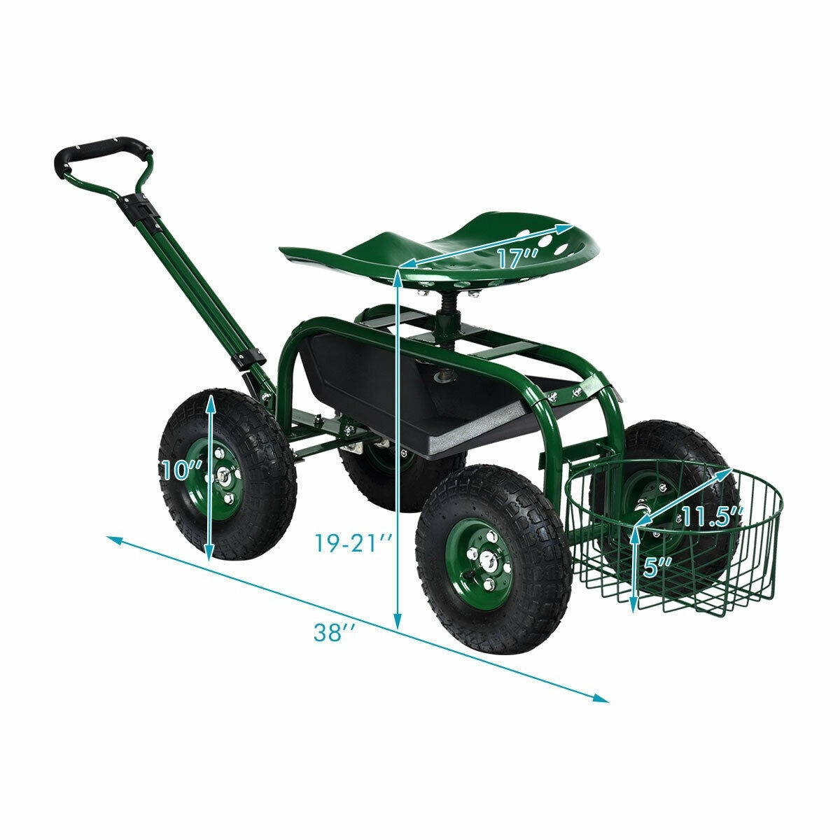 Heavy Duty Rolling Garden Cart with 360 Swivel Seat and Extendable Steer Handle