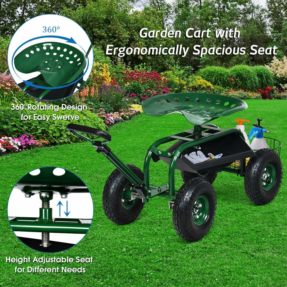 Heavy Duty Rolling Garden Cart with 360 Swivel Seat and Extendable Steer Handle