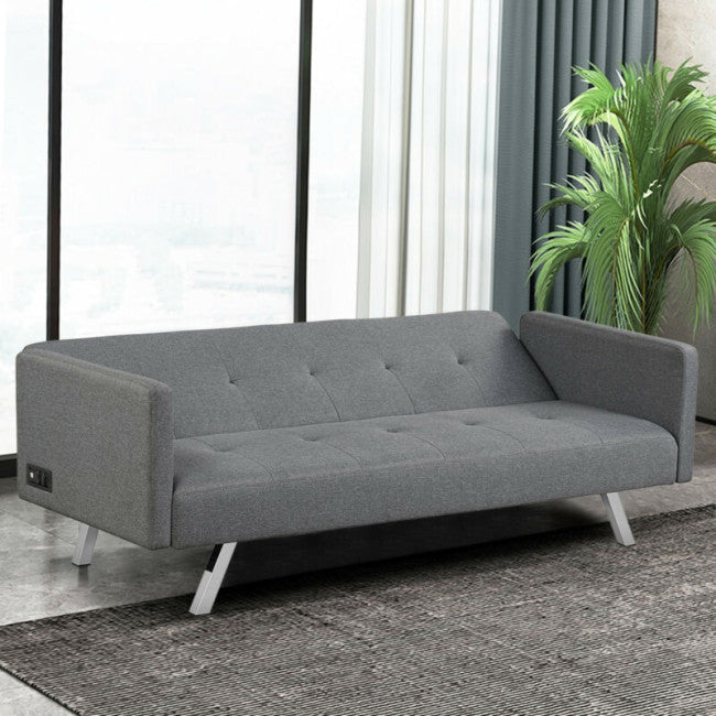 Sofá cama futón convertible moderno, sofá cama reclinable plegable de 3 asientos con enchufes laterales y puertos USB