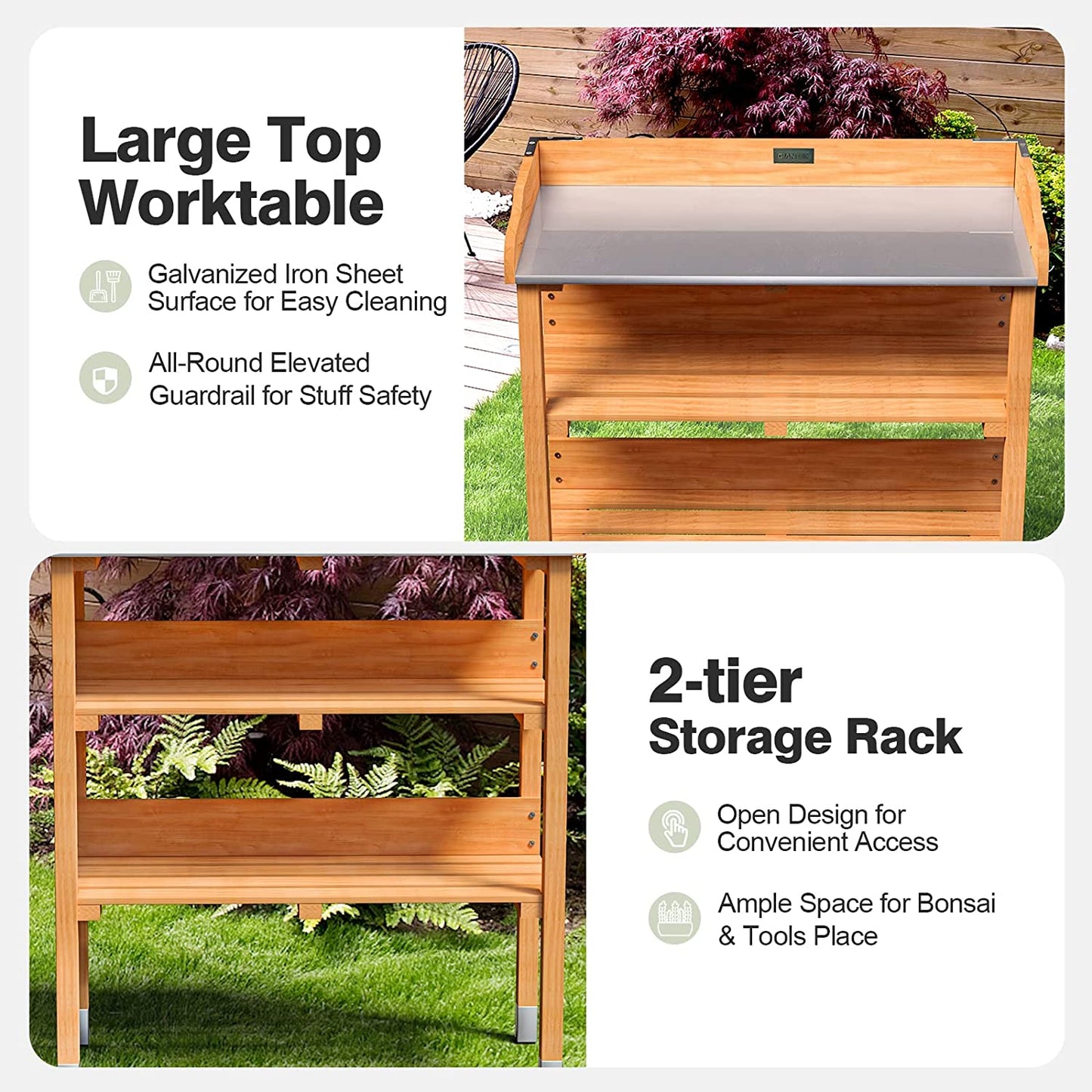 Outdoor Garden Potting Bench Wooden Work Station Table Tool Storage Shelf with Hook and Metal Tabletop