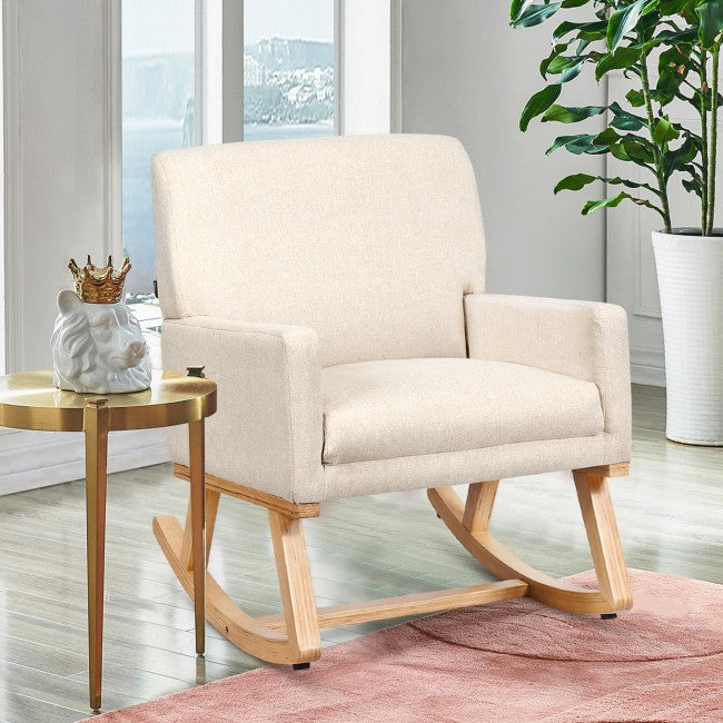 Premium Upholstered Rocking Chair With Solid Wood Base & Fabric Padded Seat